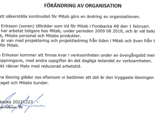 Organisationsförändring Mitab i Forsbacka AB